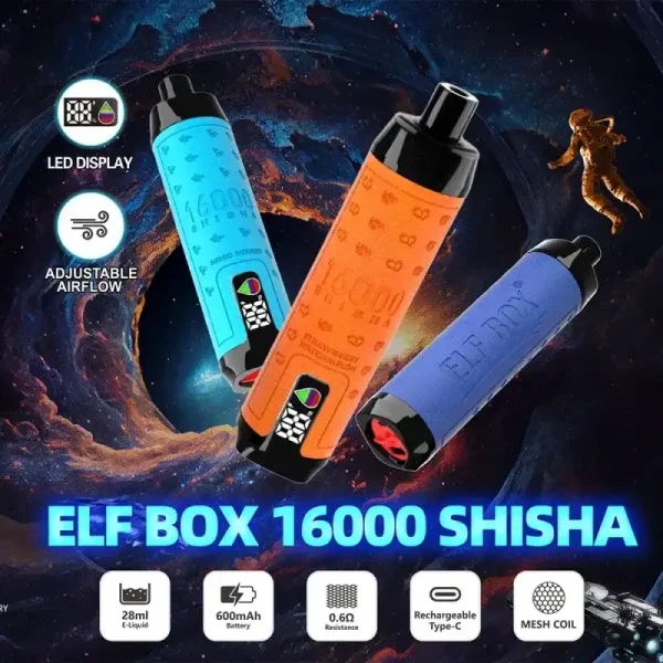 ELF Box SHISHA 16000 (16K) Puffs 28ml E-liquid 0% 2% 3% 5% Nicotine LED Display Type-C Rechargeable Leather Disposable Vape Pen 1 ELF BOX SHISHA 16000(16K) Puffs 28ml e-liquid 0% 2% 3% 5% Nicotine LED Display Type-C rechargeable Leather Disposable Vape Pen