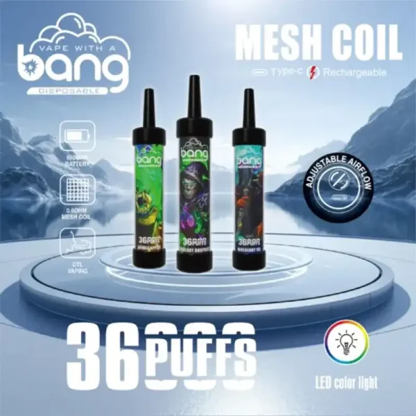 Bang 36K (36000) Puffs DTL LED Color Light 40ml E-liquid Type-C Charging 0% 2% 3% 5% Nicotine Disposable Vape Pen 1 Bang 36K (36000) Puffs DTL LED Color Light 40ml E-liquid Type-C Charging 0% 2% 3% 5% Nicotine Disposable Vape Pen vape-shop.cn