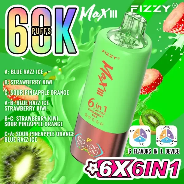 Fizzy Max III 6in1 60K (60000) Puffs Blue Razz Ice Strawberry Kiwi Sour Pineapple Disposable Vape 2 Fizzy Max III 6in1 60K (60000) Puffs LCD Display 60ml E-liquid 850 mAh Battery 2% 5% Nicotine 10 Flavors Disposable Vape