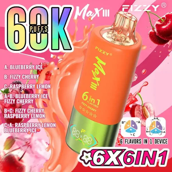 Fizzy Max III 6in1 60K (60000) Puffs LCD Display 60ml E-liquid 850 mAh Battery 2% 5% Nicotine 10 Flavors Disposable Vape 11 Fizzy Max III 6in1 60K (60000) Puffs LCD Display 60ml E-liquid 850 mAh Battery 2% 5% Nicotine 10 Flavors Disposable Vape