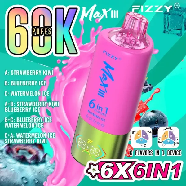Fizzy Max III 6in1 60K (60000) Puffs LCD Display 60ml E-liquid 850 mAh Battery 2% 5% Nicotine 10 Flavors Disposable Vape 5 Fizzy Max III 6in1 60K (60000) Puffs LCD Display 60ml E-liquid 850 mAh Battery 2% 5% Nicotine 10 Flavors Disposable Vape