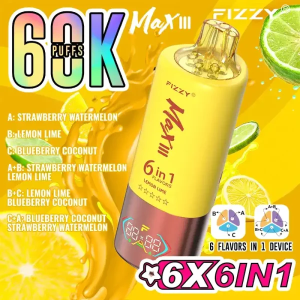 Fizzy Max III 6in1 60K (60000) Puffs LCD Display 60ml E-liquid 850 mAh Battery 2% 5% Nicotine 10 Flavors Disposable Vape 3 Fizzy Max III 6in1 60K (60000) Puffs LCD Display 60ml E-liquid 850 mAh Battery 2% 5% Nicotine 10 Flavors Disposable Vape