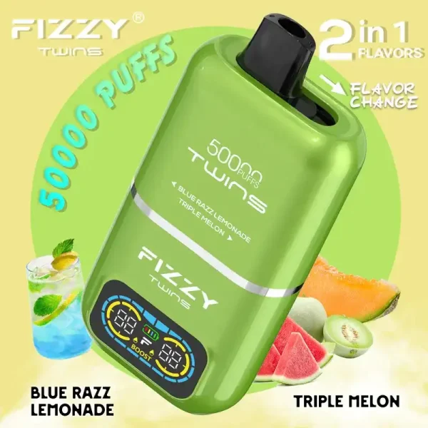 Fizzy Twins 50K (50000) Puffs Blue Razz Lemonade Triple Melon Disposable Vape – A New Era in Vaping Innovation 1 Fizzy Twins 50K (50000) Puffs Dual Flavors 50ML E-liquid Mesh Coil 850 mAh Battery 2% 5% Nicotine LCD Screen Disposable Vape – A New Era in Vaping Innovation