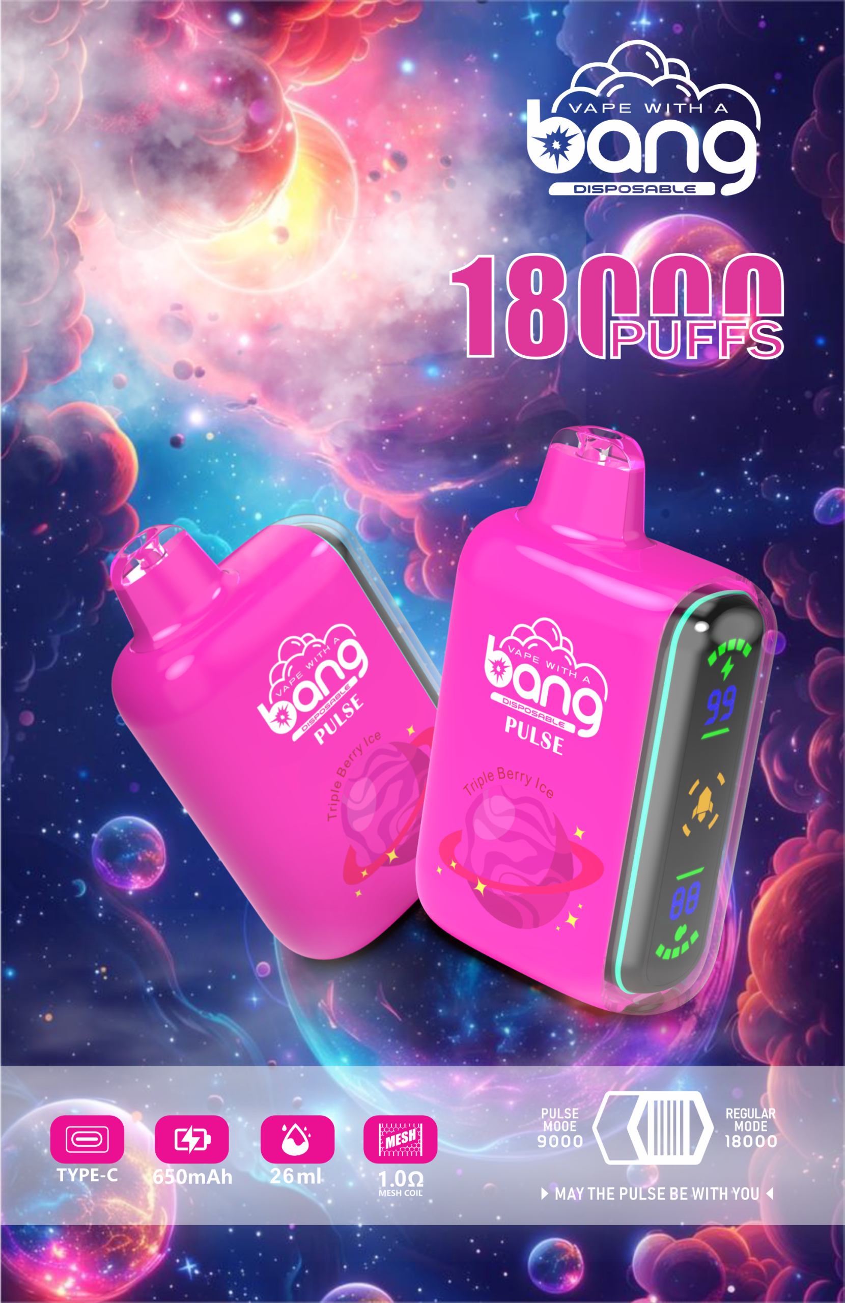 vape-shop.cn Bang Pulse 18K(18000) Puffs Adjustable Airflow 26ml E-liquid 0% 2% 3% 5% Nicotine Type-C Charging Disposable Vape