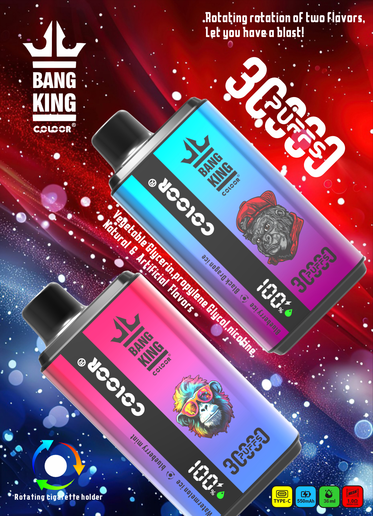vape-shop.cn Bang King 30K(30000) Puffs New Double Flavor 0% 2% 3% 5% Nicotine LED Digital Display 36ml E-liquid Disposable Vape